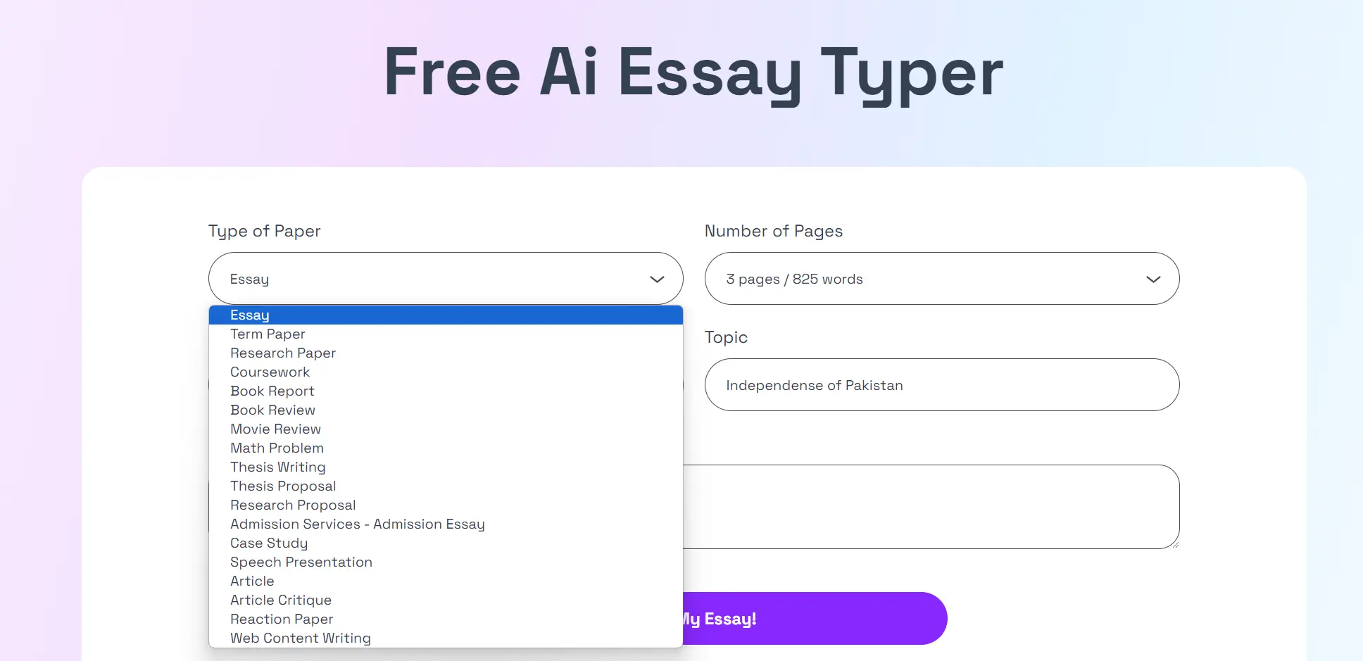 essay typer select number of pages