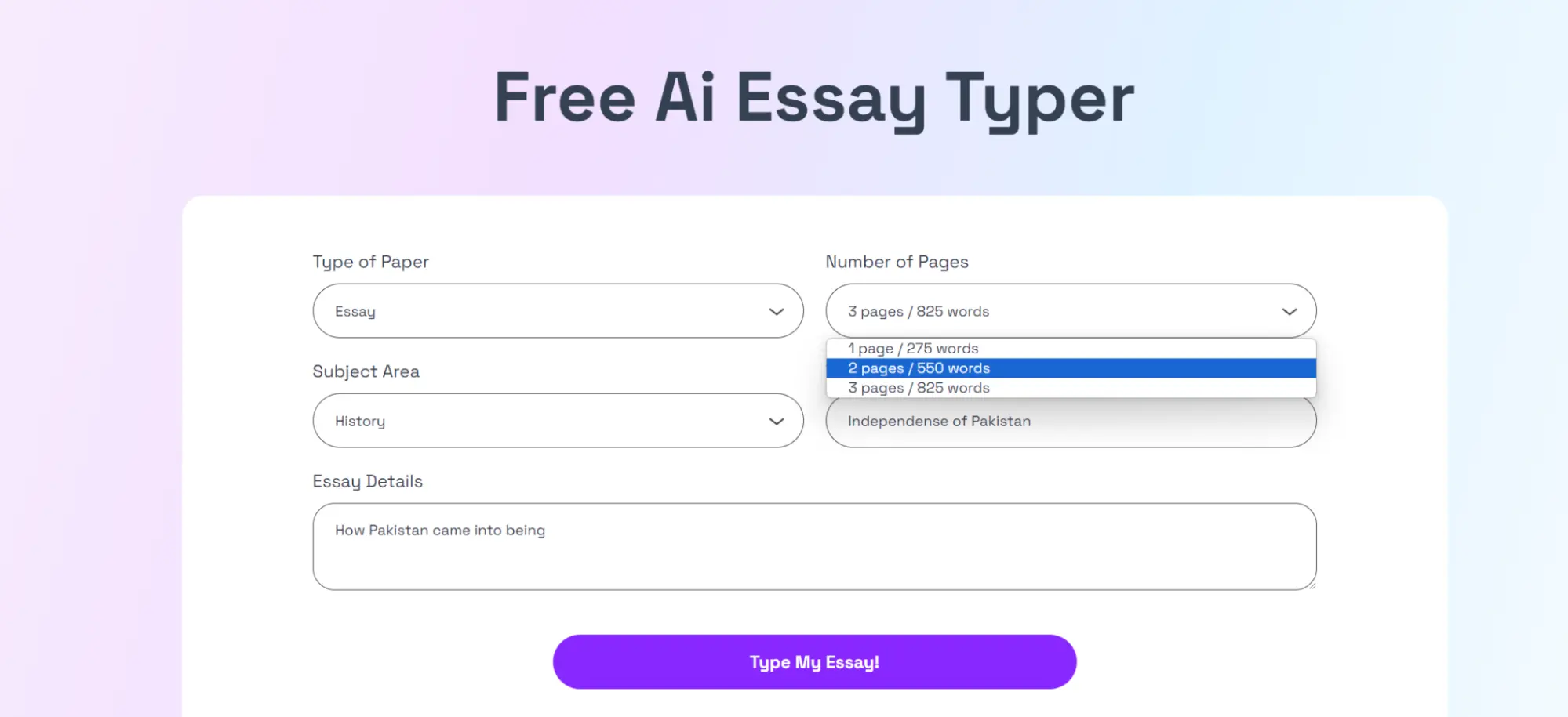 essay typer select number of pages